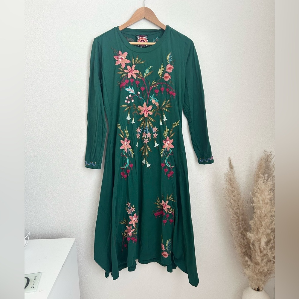 Johnny Was Amarylla Handkerchief Green Floral Embroidered Midi Dress - Medium - Picture 5 of 12